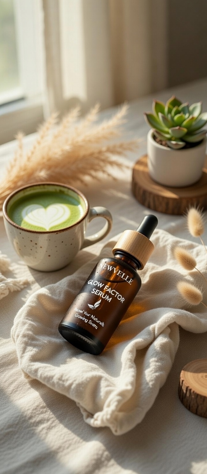 NEWVELLE Glow Factor Serum for hyperpigmentation and dark spots styled with matcha latte in bohemian morning self-care routine for Black women with melanin-rich skin